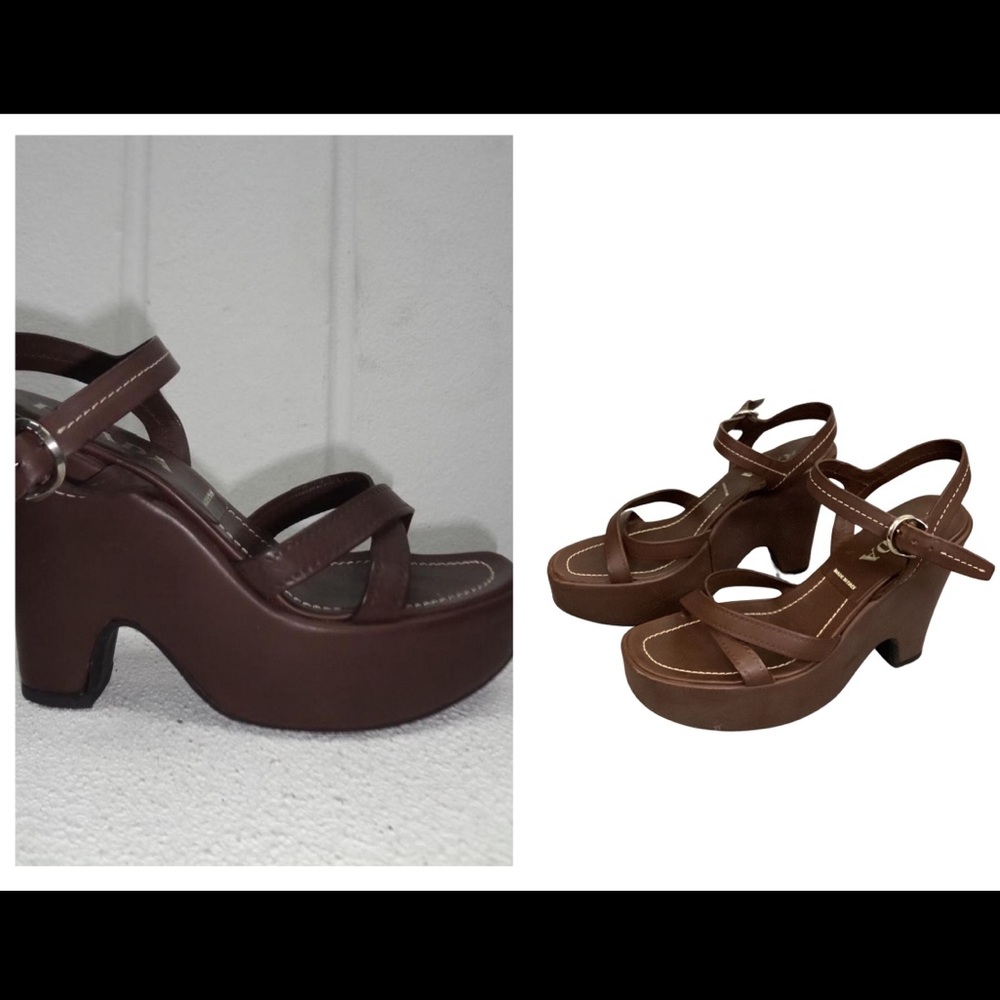 Prada Calfskin Calzature Donna Brown Leather Platform Wedge Sandals Ankle Strap.